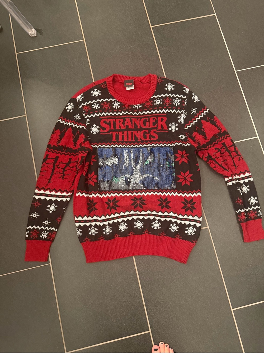 Stranger Things XL Sequin Scene Ugly Christmas Sweater Knit Pullover